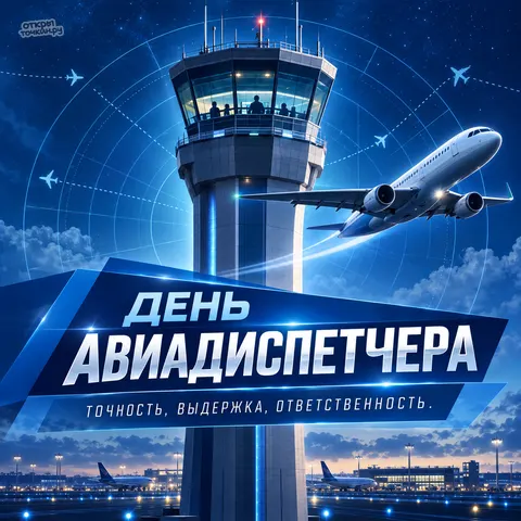 Открытка «День авиадиспетчера, ночная вышка и самолет на фоне радара»