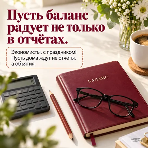Открытка «День экономиста в России, блокнот баланс очки и чашка кофе»