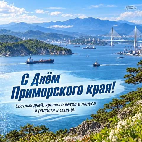 Открытка «День Приморского края, мост через залив и корабли в бухте»