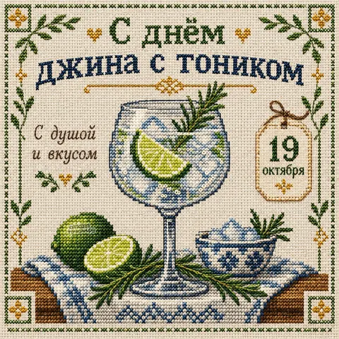 Открытка «Международный день джина с тоником, вышивка крестиком на деревянном столе с биркой девятнадцатое октября»