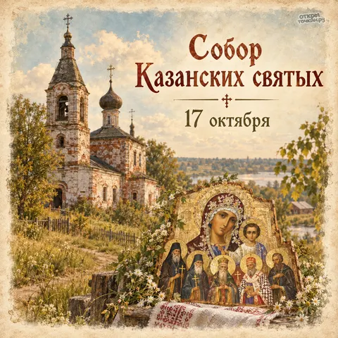 Открытка «Собор Казанских святых, 17 октября, икона у белого храма на холме»