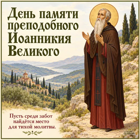 Открытка «День памяти преподобного Иоанникия Великого, молитва в горах с видом на монастырь»