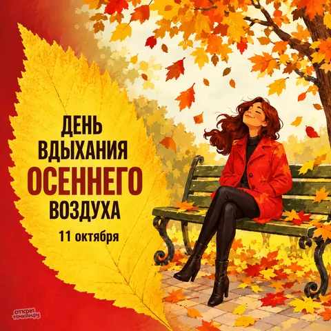 Открытка «Девушка в красном пальто на осенней скамейке» — День вдыхания осеннего воздуха