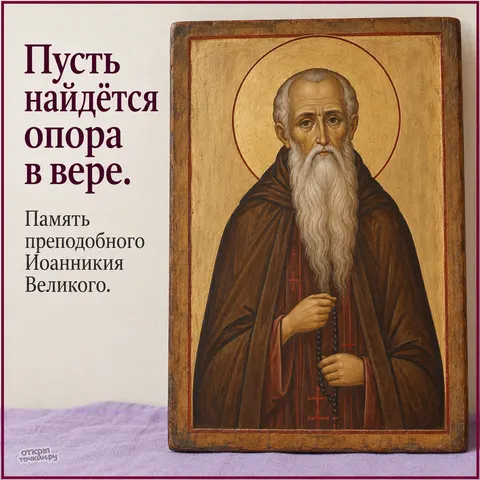 Открытка «День памяти преподобного Иоанникия Великого, матовая икона на лиловой ткани»