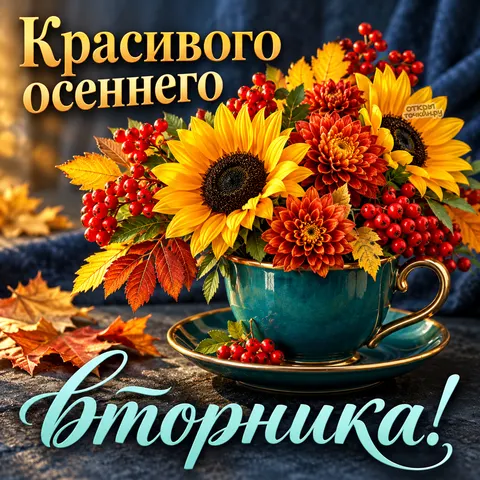 Открытка «Красивого осеннего вторника, подсолнухи в бирюзовой чашке» — Доброе утро
