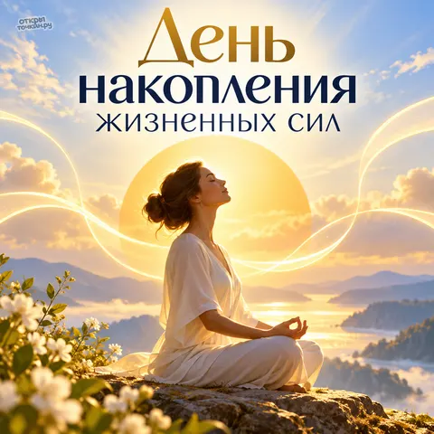 Открытка «День накопления жизненных сил, медитация на камне среди гор и цветов на восходе»