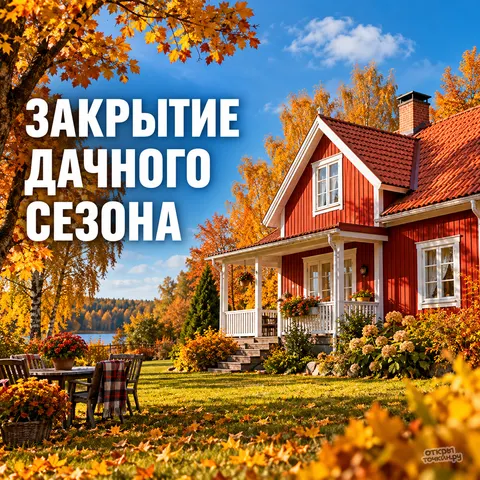 Открытка «Закрытие дачного сезона, красный дом у озера»