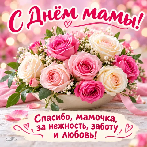 Открытка «С Днём мамы, розовые и кремовые розы в сиянии огоньков» — День матери