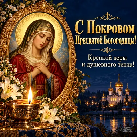 Открытка «Покров Богородицы лампада и золотая рама» — Покров Пресвятой Богородицы