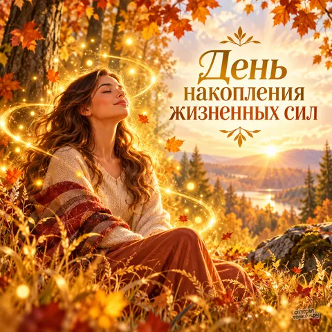 Открытка «День накопления жизненных сил, девушка в осеннем лесу в золотом сиянии у озера»