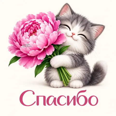 Открытка «Спасибо, котёнок с розовым пионом»