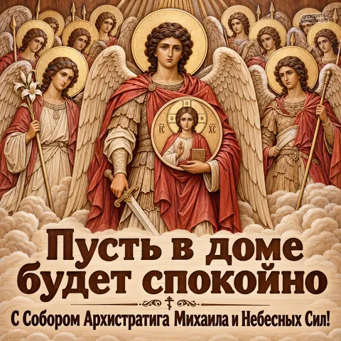 Открытка «Собор Архистратига Михаила, архангел михаил с ангелами в резной рамке» — Собор Архистратига Михаила и прочих Небесных Сил бесплотных