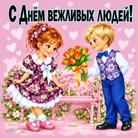 Открытка «День вежливых людей, мальчик дарит девочке тюльпаны»