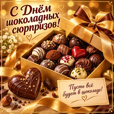 Открытка «С днём шоколадных сюрпризов, золотая коробка и сердце»