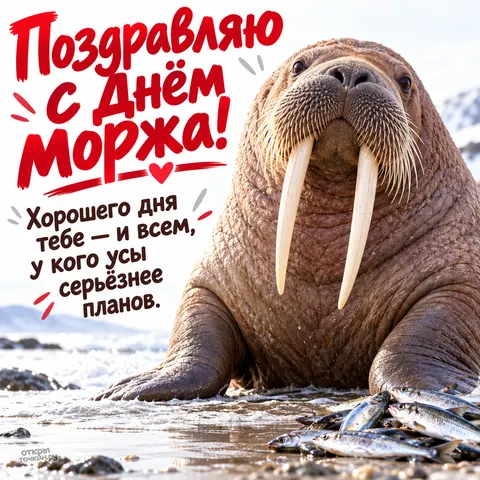 Открытка «День моржа, Морж на песчаном берегу с рыбой»