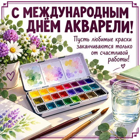 Открытка «Международный день акварели, палитра кисти ромашки и лаванда на столе»