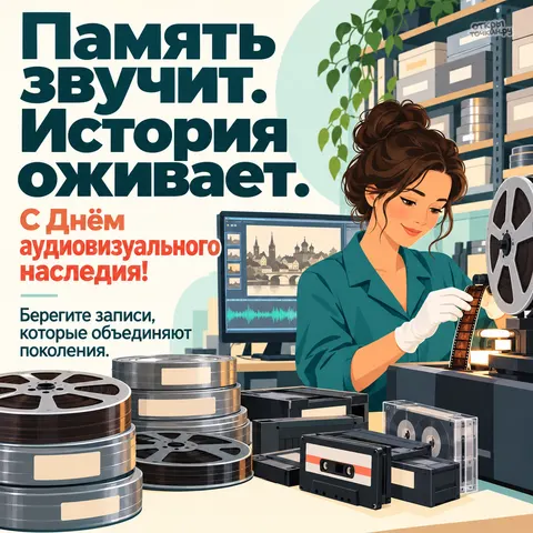 Открытка «Всемирный день аудиовизуального наследия, архивистка просматривает плёнку у монитора с монтажом»