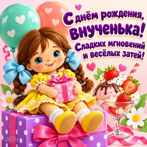 Открытка «День рождения» — Кукла с подарком и мороженым