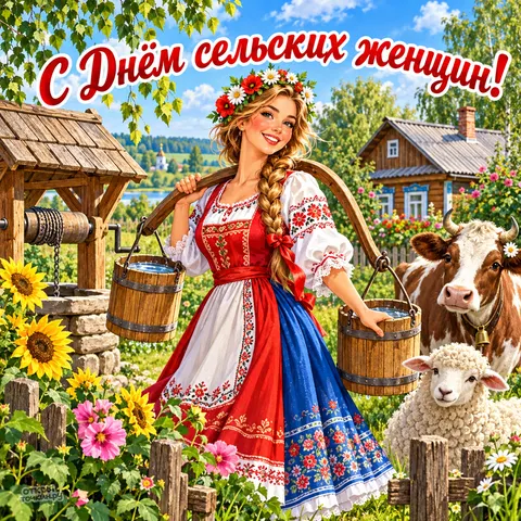 Открытка «С днём сельских женщин, девушка с коромыслом»