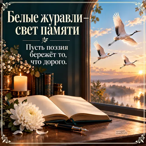 Открытка «Праздник белых журавлей, открытая книга и перо у окна, журавли на рассвете, свеча и хризантема, свет памяти и поэзия»