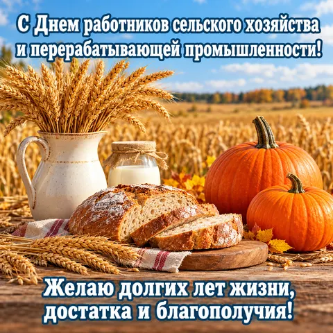 Открытка «День сельского хозяйства, тыквы хлеб и молоко на столе» — День работника сельского хозяйства и перерабатывающей промышленности