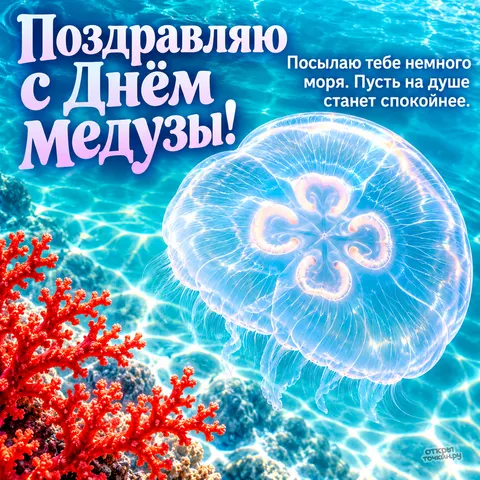Открытка «Всемирный день медузы, белая аурелия в бирюзовой воде и коралл»