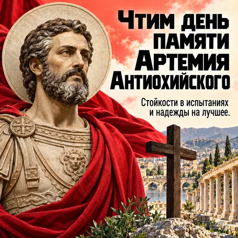 Открытка «День памяти Артемия Антиохийского, деревянный крест у древнего города, античные колонны у воды, стойкость в испытаниях» — День памяти великомученика Артемия Антиохийского