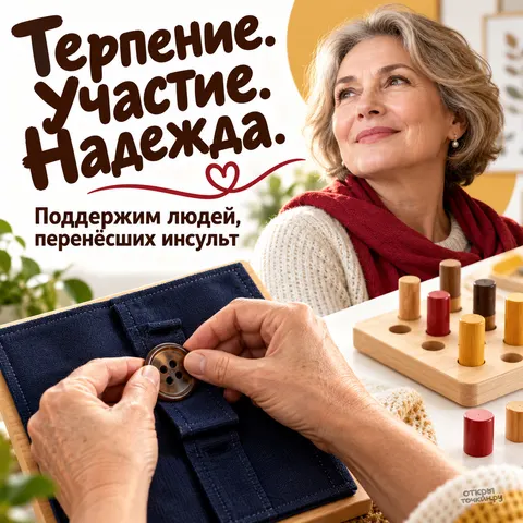 Открытка «Всемирный день борьбы с инсультом, пожилая женщина упражнение с пуговицей и колышками»