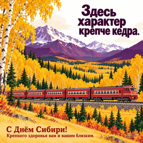 Открытка «День Сибири, красный поезд в осеннем лесу у гор»