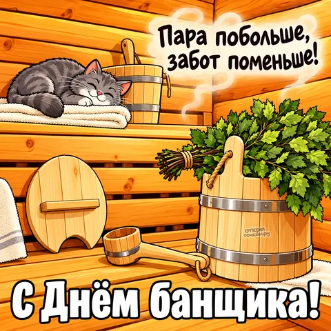 Открытка «С Днём банщика с котом на банной полке»