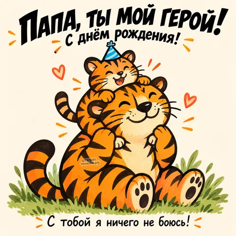 Открытка «Папа-тигр и тигрёнок на плечах» — День рождения