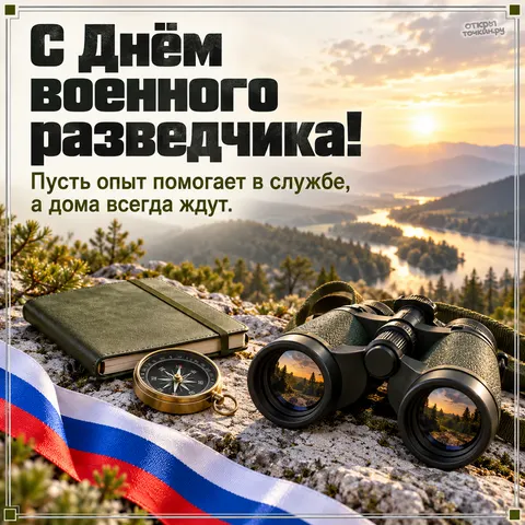 Открытка «День военного разведчика, бинокль компас блокнот и лента триколора на горном склоне»