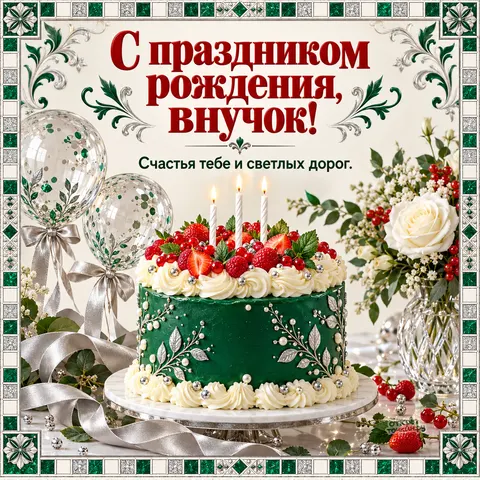 Открытка «С днём рождения, внуку, изумрудный торт в декоративной мозаичной рамке»