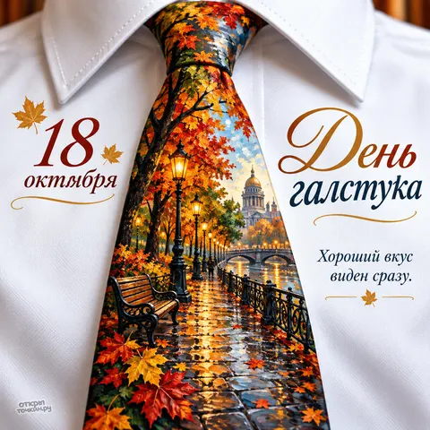 Открытка «Международный день галстука, 18 октября, осенний город на галстуке, хороший вкус виден сразу»