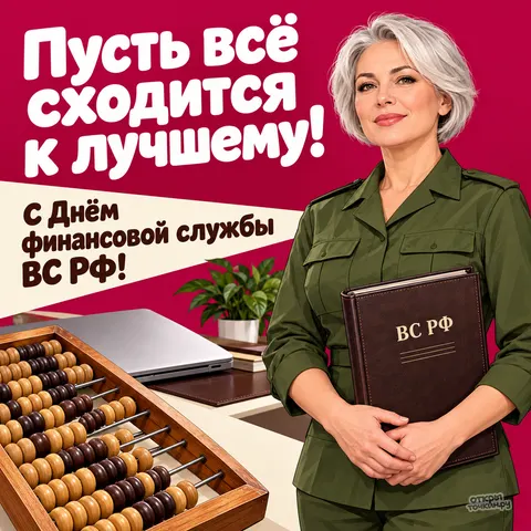 Открытка «День финслужбы ВС РФ, женщина в форме со счётами, папка ВС РФ и ноутбук» — День финансово-экономической службы ВС РФ