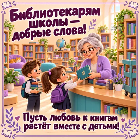 Открытка «День школьных библиотек, библиотекарь дарит книгу школьникам, кот на кресле, добрые слова и любовь к книгам»