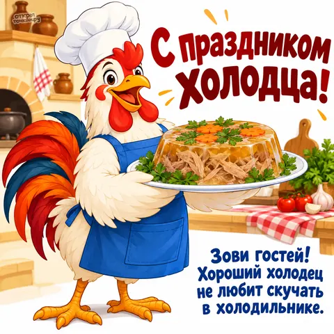 Открытка «День холодца, повар-петушок с тарелкой холодца»