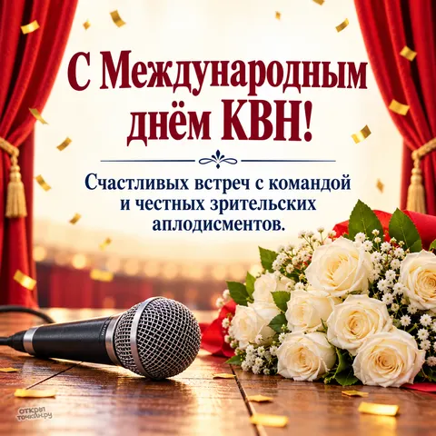 Открытка «Международный день КВН, микрофон и букет белых роз на деревянной сцене»