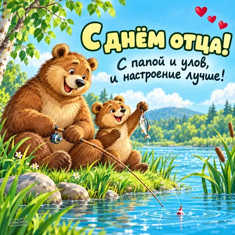 Открытка «С днём отца, медведь с медвежонком на рыбалке»