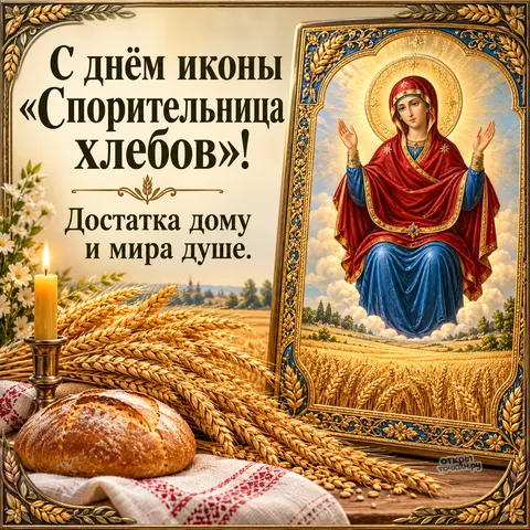 Открытка «Икона Спорительница хлебов, золотая рама, хлеб на вышитом полотенце, свеча и колосья, достатка дому и мира душе» — Праздник иконы Божией Матери «Спорительница хлебов»