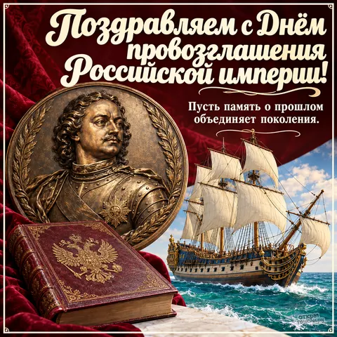 Открытка «День провозглашения Российской империи, медальон в лаврах, парусник и книга на бархате»