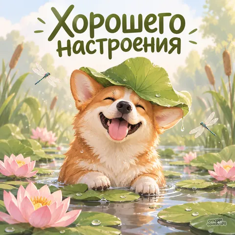 Открытка «Хорошего настроения, весёлый корги в пруду с кувшинками»
