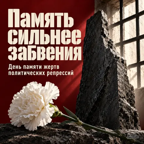 Открытка «День памяти жертв политических репрессий, белая гвоздика у острого камня, тюремная решетка и красная стена»