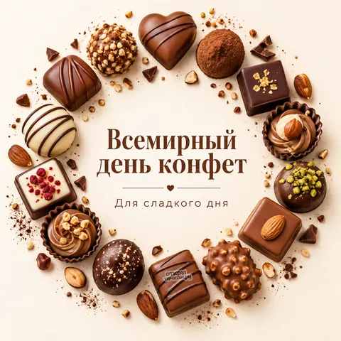 Открытка «Всемирный день конфет, для сладкого дня, круг из шоколадных конфет и орехов»