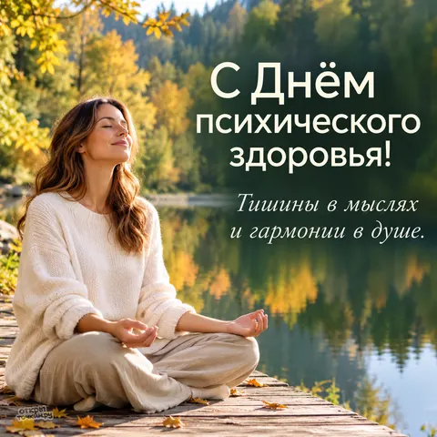 Открытка «Всемирный день психического здоровья» — С Днём психического здоровья, медитация у осеннего озера