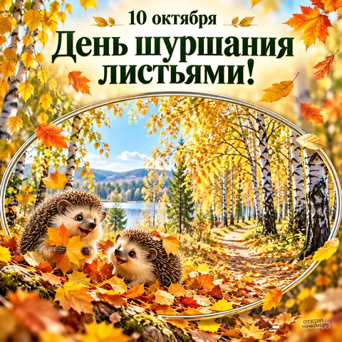 Открытка «День шуршания листьями, ёжики в берёзовой роще»