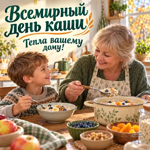 Открытка «Всемирный день каши с бабушкой и внуком»