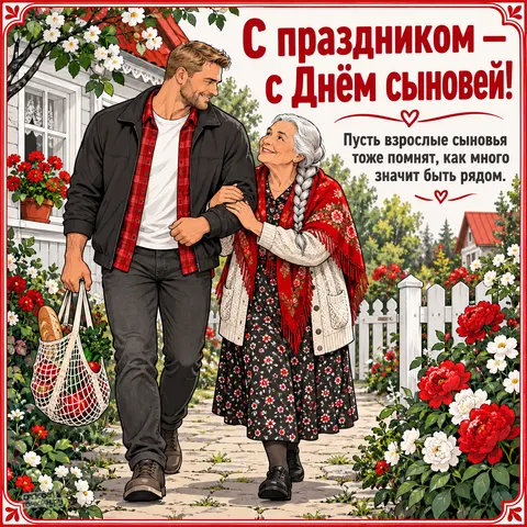 Открытка «День сыновей, взрослый сын идёт с мамой по саду с продуктами»