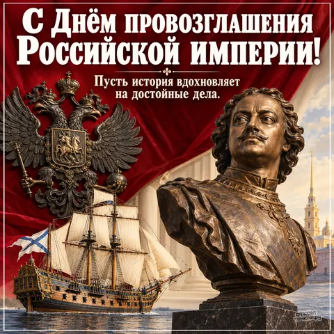 Открытка «День провозглашения Российской империи, бюст Петра Первого, фрегат и двуглавый орёл на фоне колонн»