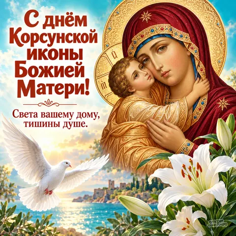 Открытка «Корсунская икона Божией Матери, белая голубь, белые лилии, море и старый город, света дому и тишины душе» — Праздник Корсунской иконы Божией Матери